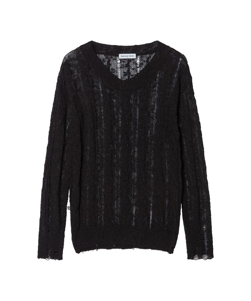AWESOME STUDIO Distressed See-Through Long Sleeve Knit Black