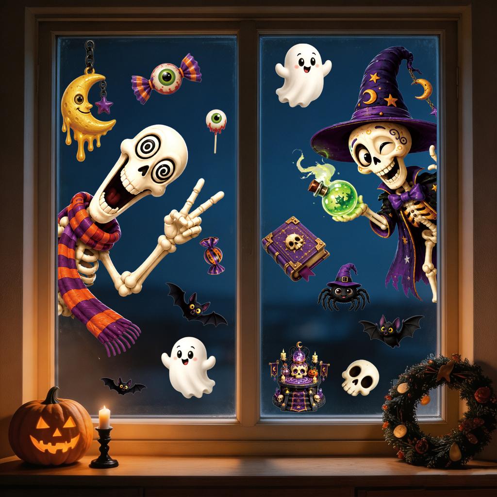 Halloween Funny Skull Static Window Sticker Cartoon Ghost Bat Pumpkin Glass Sticker Holiday Window Decoration No Glue