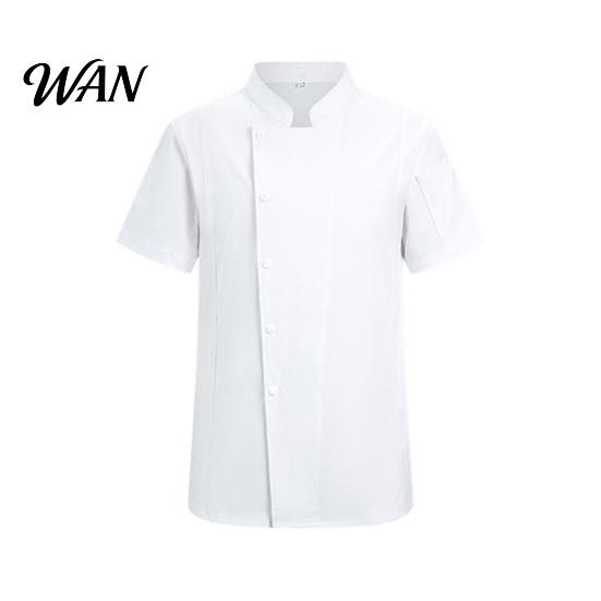 Lightweight Chef Jacket Uniform Stand Collar Short Sleeve Coat with Pockets Single-Breasted Buttons Solid Color Workwear Professional Apparel Women