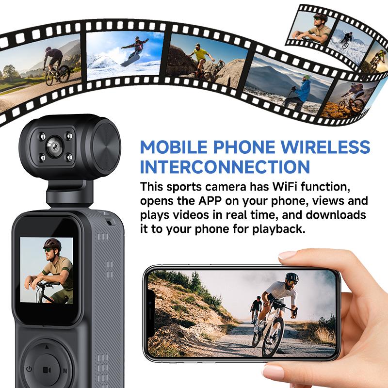 2K HD Action Camera 180° Rotatable Lens 130° Wide Angle WiFi Mini Vlog Camera with Night Vision Loop Recording for Sports Travel Outdoor Cycling