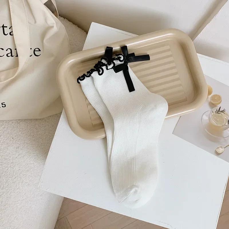 Японские JK Милые Гольфы средней длины с бантом Женские Спортивные Хлопковые Носки для Девочек Повседневные Черно-Белые Махровые Носки