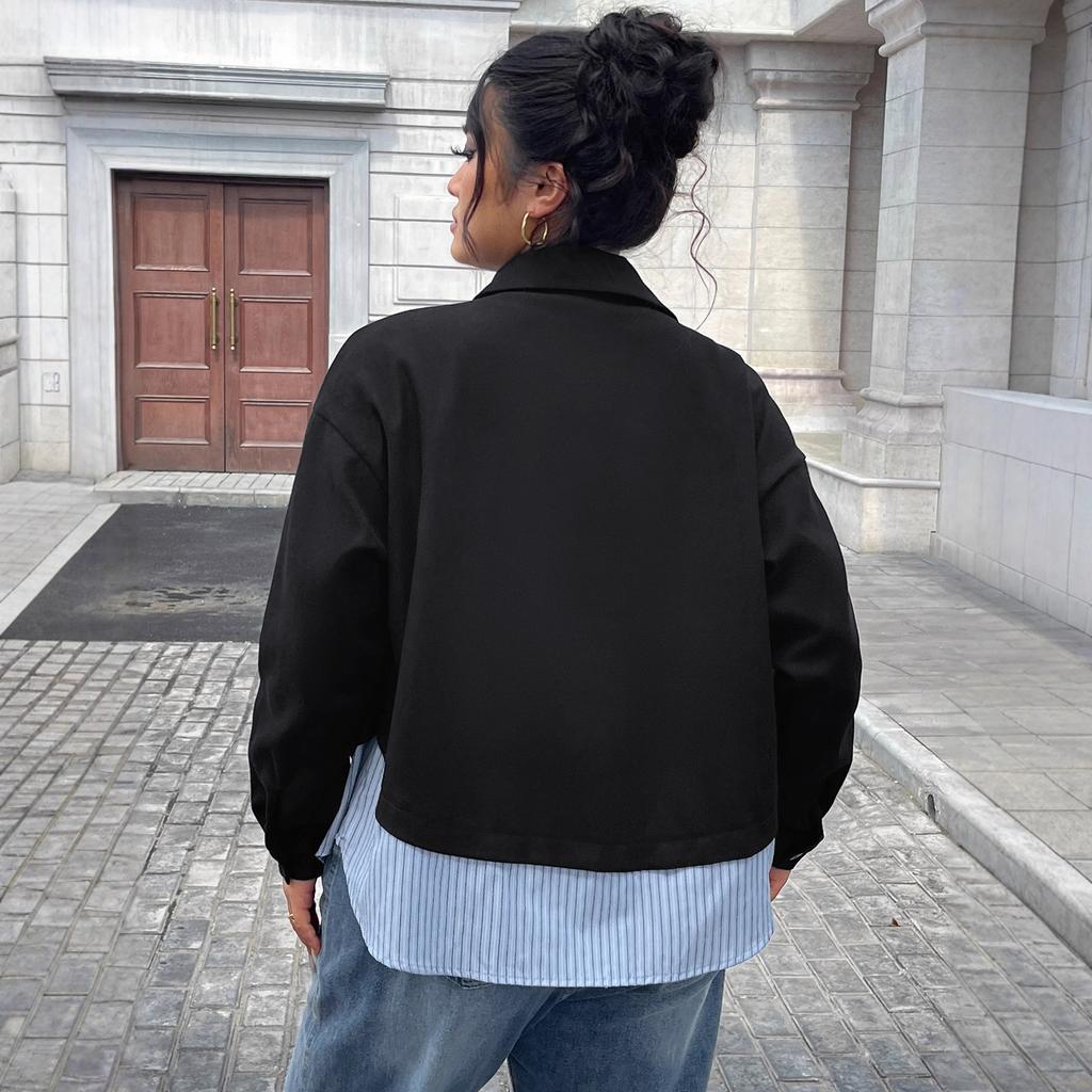 This Is An Early Spring and Autumn Large-sized Women's Short Simple and Stylish Coat with A Striped Design