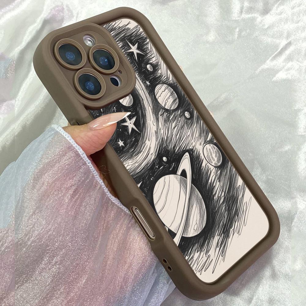 JT572 Бело-черный чехол с изображением космоса для iPhone 17 16 15 14 13 12 Pro Max, Samsung S26 S25 Ultra A17 A07 A56 A16 A15, Xiaomi 15T, Redmi 15c 14C.