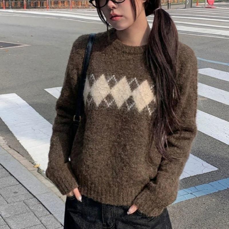 Женский пуловер с узором Fair Isle и ромбами, с круглым вырезом - Повседневный осенне-зимний утягивающий вязаный топ