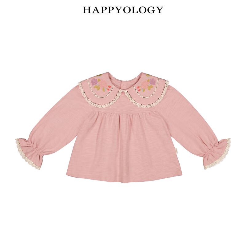 Хлопковая футболка Happyology для девочек с вышитым воротником и длинным рукавом