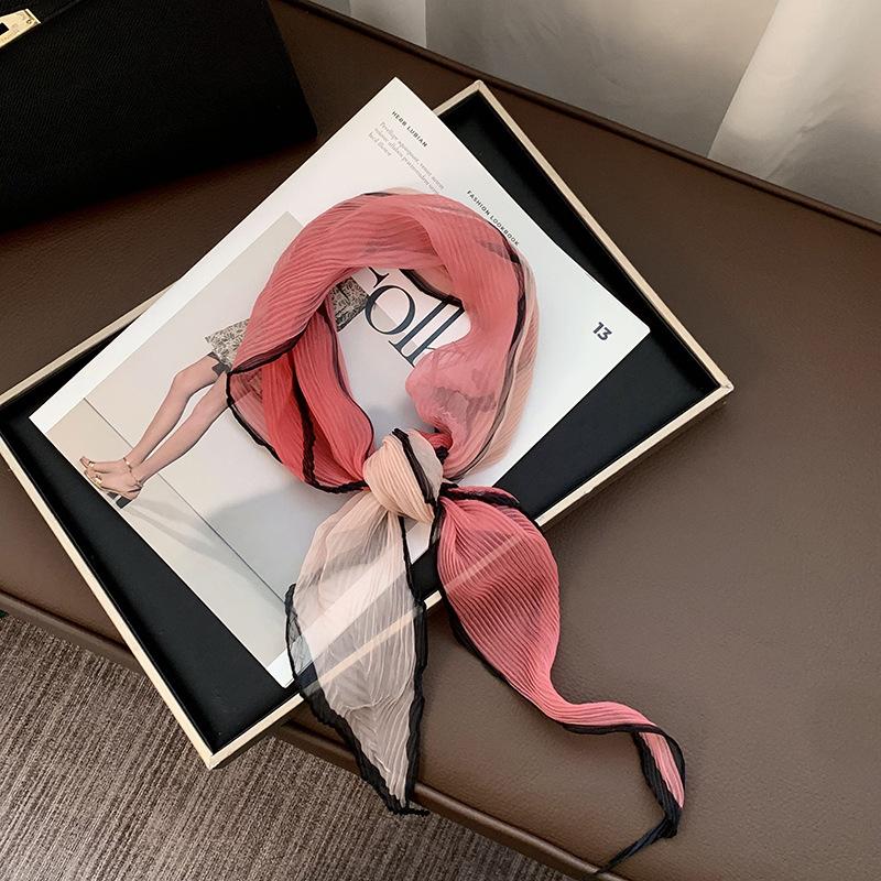 Folded Silk Scarf Women's Spring and Summer New Thin Scarf Small Scarf Versatile Fashion Commuter Color Matching Small Shawl Tied Bag Streamer