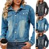 Women's Fashionable Versatile Classic Retro Solid Color Lapel Long Sleeved Pocket Denim Jacket