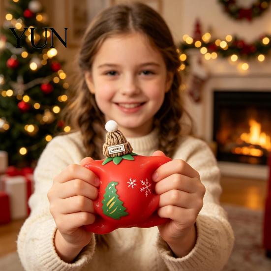 Collectible Holiday Themed Figurines Christmas Tomato Bear Squeeze Toy for Stress Relief, Cute TPR Decompression Office Desk Ornaments Figure