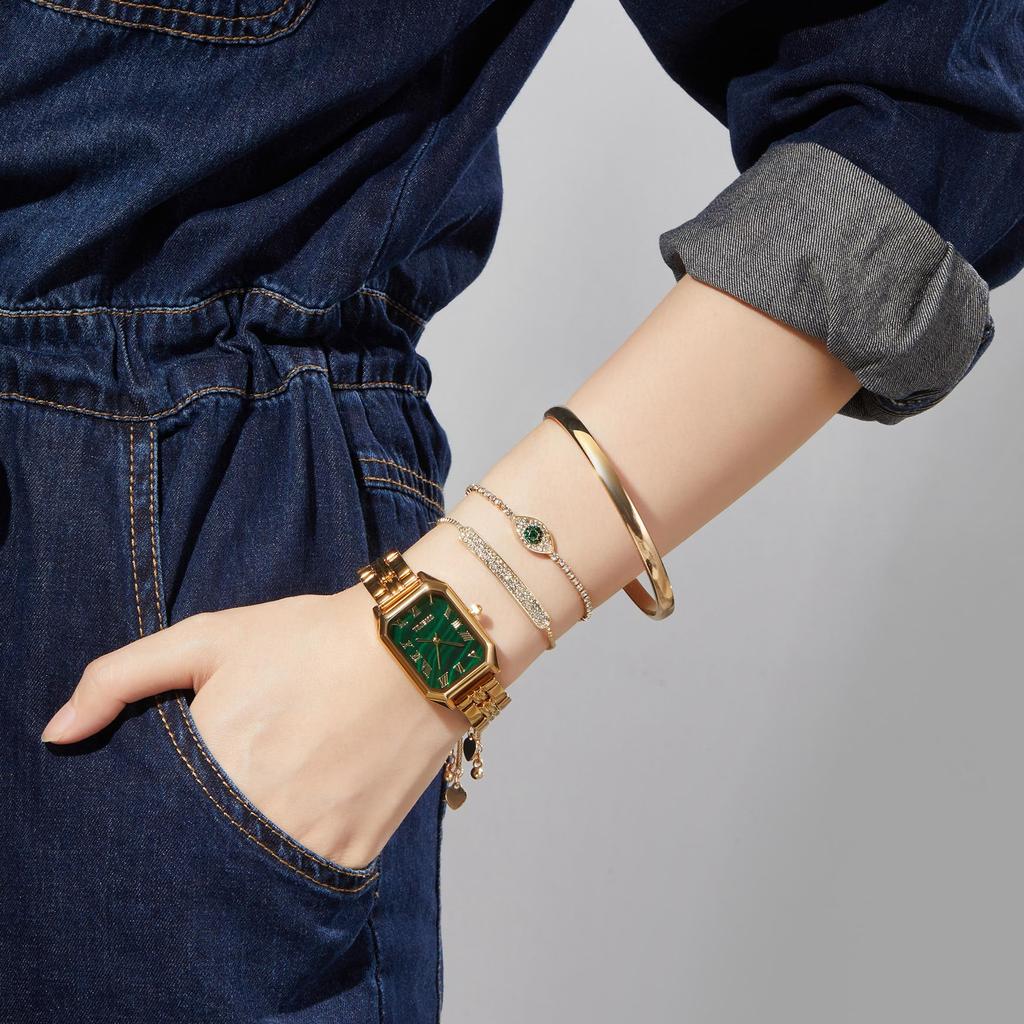 Золотые часы японский кварц подарочный набор элегантные часы из нержавеющей стали 3 браслета подарочная упаковка [TIME100] женские (Золотой цвет)