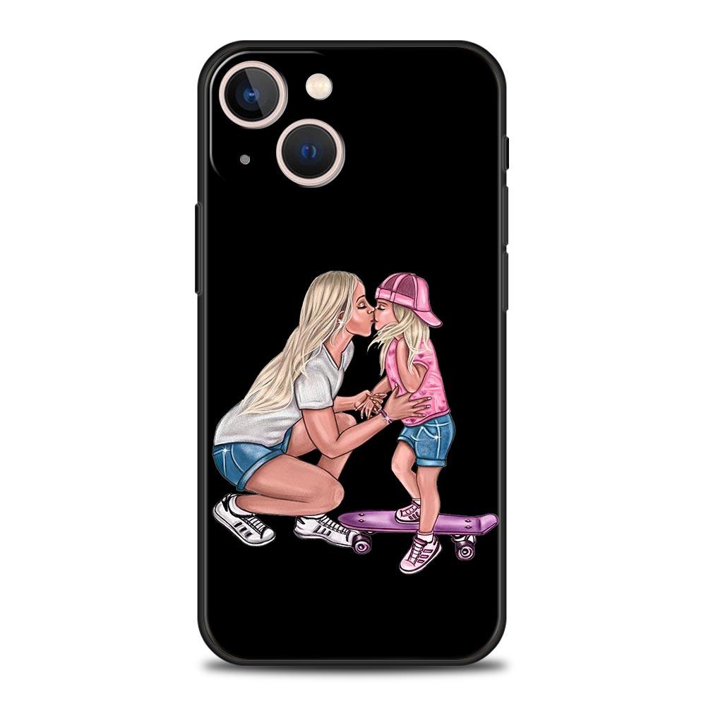 Чехол для телефона с черными коричневыми волосами для мамы, дочки и сына для iPhone 13 15 14 12 Mini 11 Pro MAX XR X SE XS 7 8 Plus, черный силиконовый чехол