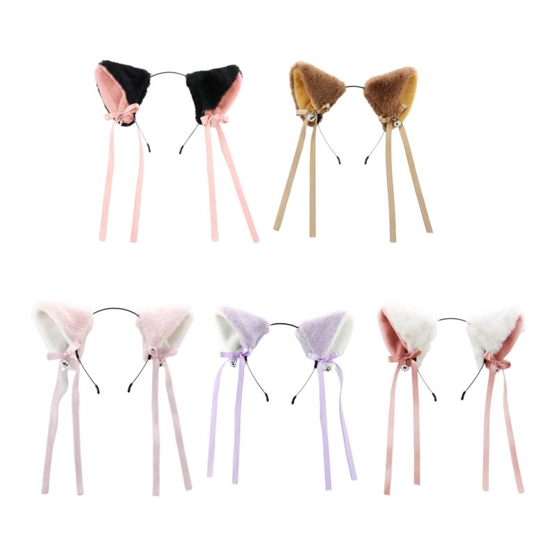 Ободок для волос с кошачьими ушками в стиле Лолита, плюшевый головной убор, повязка на голову с имитацией животного, с бантом, универсальная повязка на голову для уличной съемки
