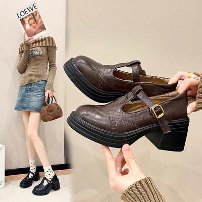 Женские туфли-лодочки с круглым носком и противоскользящей подошвой, на среднем каблуке, весна-осень, для улицы, для работы, из искусственной кожи, в стиле ретро, повседневные