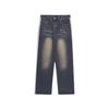 2024 Women's Blue Washed Distressed Retro Jeans with Three-Bar Stripes, Large-Size Straight Trousers for Autumn and Winter.