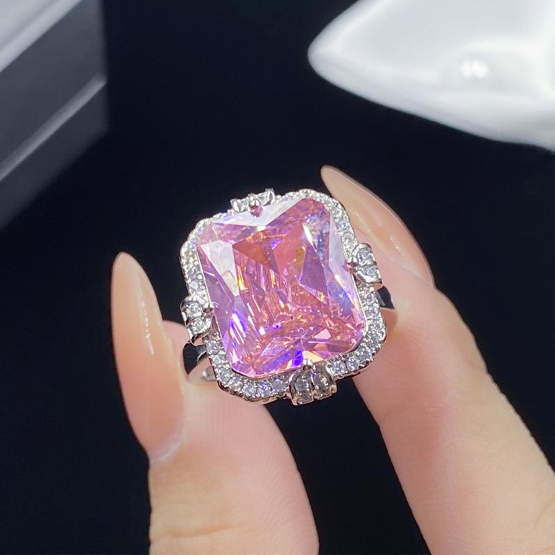 BELLA BOX High-grade Pink Zircon Hollow Bottom Square Pendant Women Open Ring Earrings Set