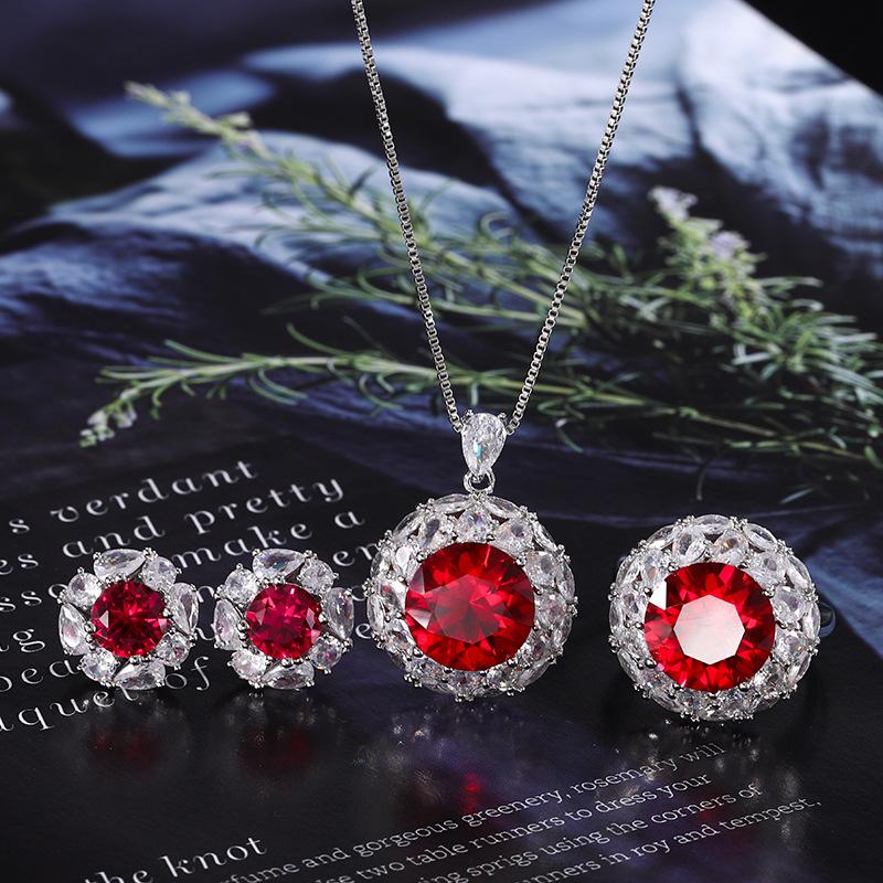 Jewelry Copper Bottom Gold-Plated Simulation Red Corundum Round Temperament Light Luxury Suit Women 12-7Mm