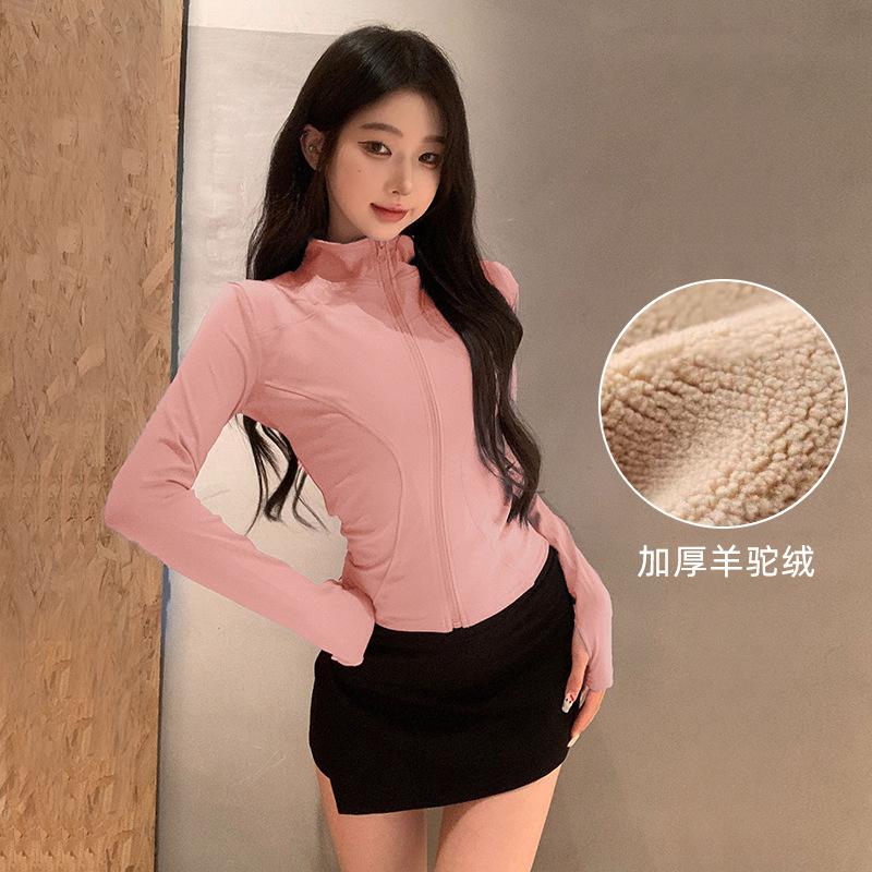 Spring Zipper Cardigan Fleece Thickened Yoga Jacket Women's Stand-Up Collar Sports Fitness Clothing Running Fitness Training Long Sleeves