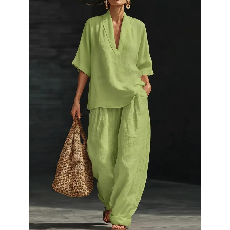 Женский повседневный костюм из двух предметов: брюки с широкими штанинами, топ с V-образным вырезом и короткими рукавами для работы