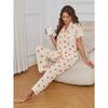 Allover Orange Print Pajama Set Casual Short Sleeve Buttons Lapel Top & Elastic Pants Women's Sleepwear