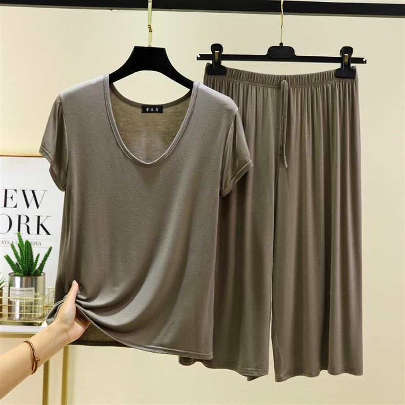 Женский повседневный комплект из двух предметов: Модальная футболка с U-образным вырезом и брюки с высокой посадкой, завязкой на талии и широкими штанинами