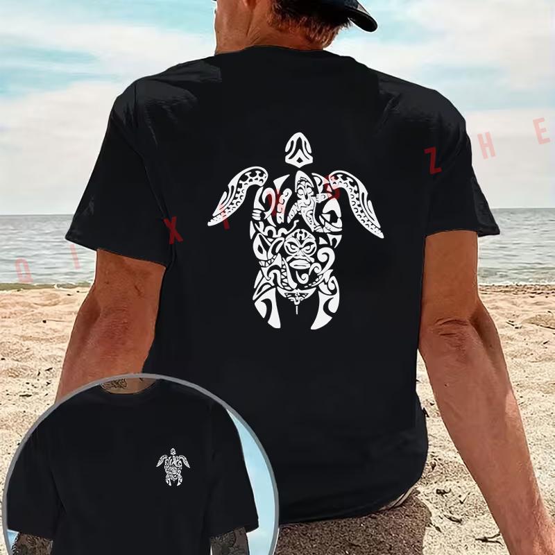 Tribal Sea Turtle Totem design motorcycle T-Shirt Double-Sided Print Men‘s Casual Short Sleeve Summer O-neck Tops