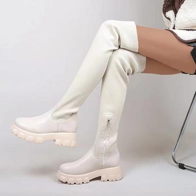 Новые весенне-осенние длинные сапоги большого размера, кожаные трикотажные повседневные сапоги выше колена с круглой головкой, женские сапоги