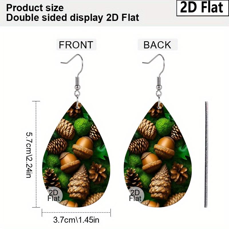 Autumn Thanksgiving/Christmas Gift Leather Women's Fashion Drop Earrings, Brown/Green Leaves Pinecone Patterned Design PU Earrings Jewelry for Wear