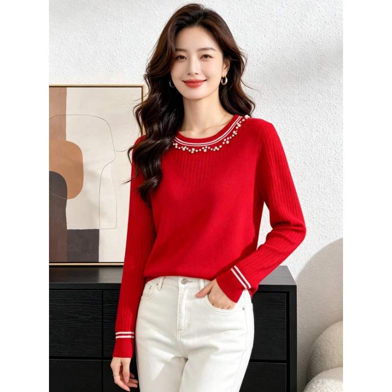 Women S Color Block Beaded Crew Neck Knit Sweater