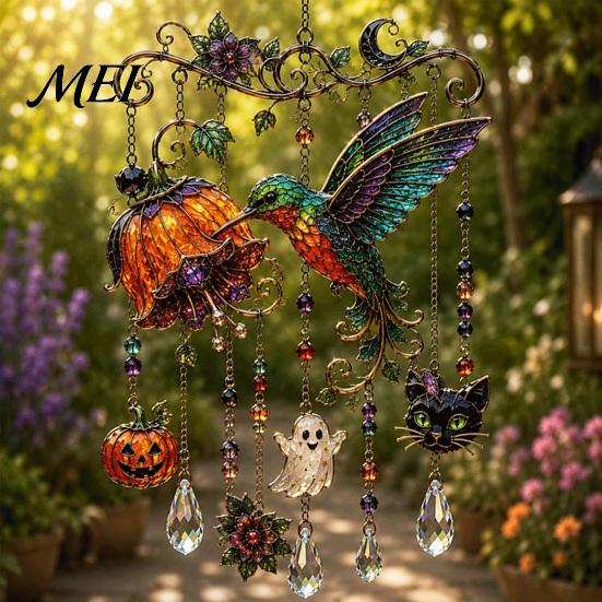 Whimsical Bat And Black Cat Decor Halloween Acrylic Wind Chime Pendant, Crystal Suncatcher Hanging Ornaments, Decorative Luminous Pumpkin Porch