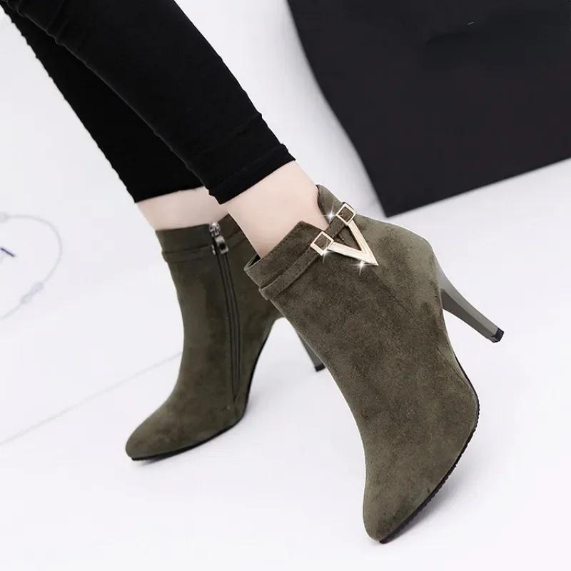 Botas Mujer Invierno Autumn Stiletto Thin High Heels Woman Pointed Toe Pu Leather Zipper Sexy Ankle Women Boot Botines Chelsea8