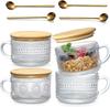 2/4/6Pcs Glass Coffee Cups with Bamboo Lids and Spoons Vintage Coffee Mugs Set 14 Oz Clear Embossed Glassware Tea Cups