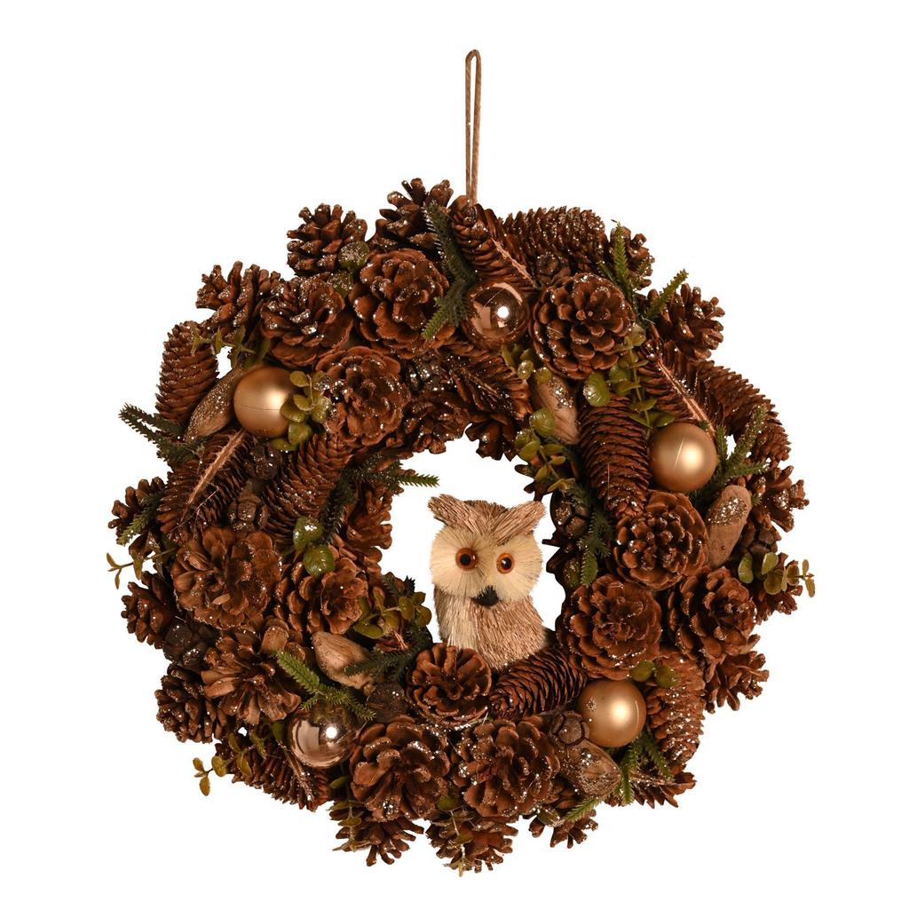 Gold Glitter Pinecone Wreath with Owl 38cm