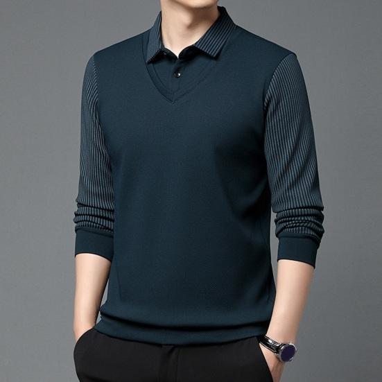 Мужская рубашка осень-весна с отложным воротником, имитация двухсекционного свитера в стиле пэчворк, большой размер, полосатая пуговица, формальный деловой стиль, мужской офисный топ