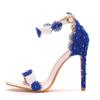 Women Sandals White Blue Lace Fine High Heels Slender Bridal Pumps Wedding Shoes Peep Toes Buckle Strap