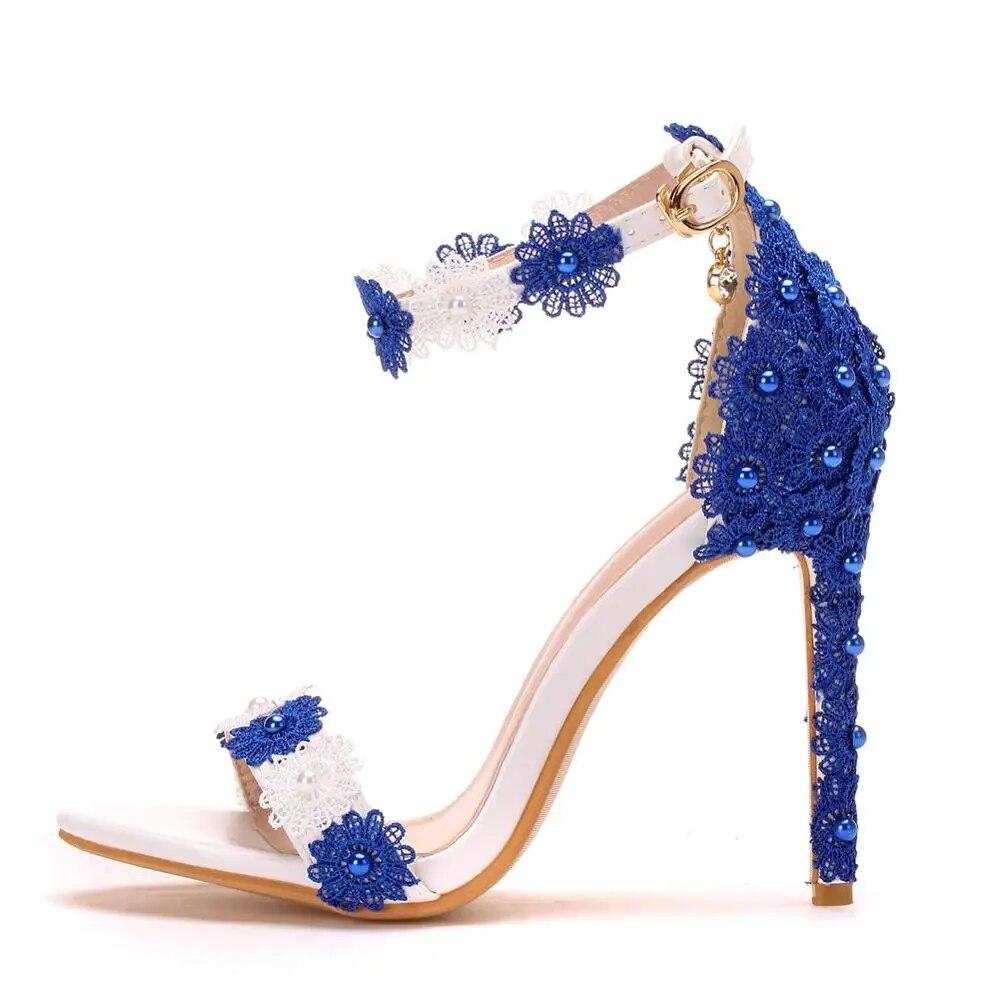 Women Sandals White Blue Lace Fine High Heels Slender Bridal Pumps Wedding Shoes Peep Toes Buckle Strap