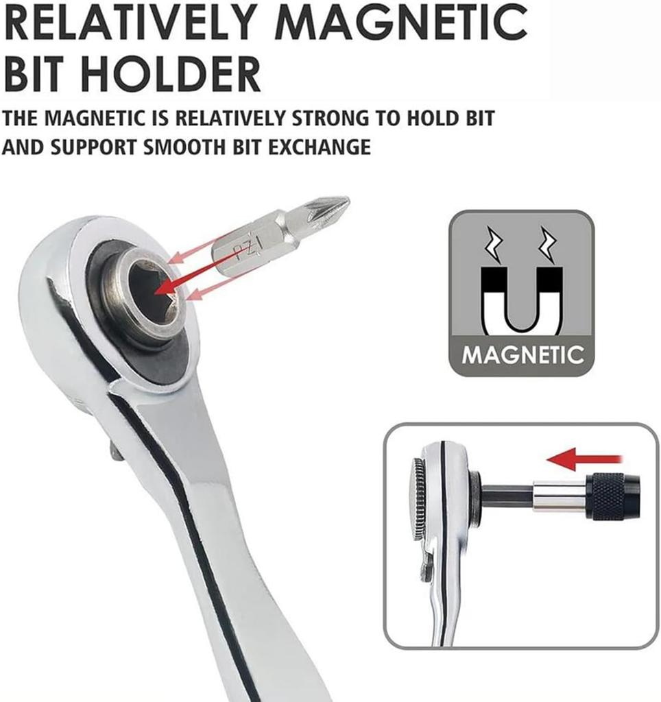 Набор мини-трещотки Bestgle с насадками, маленькой реверсивной трещоткой и кейсом для хранения для ремонта бытовой техники, 28 предметов, 72 зуба