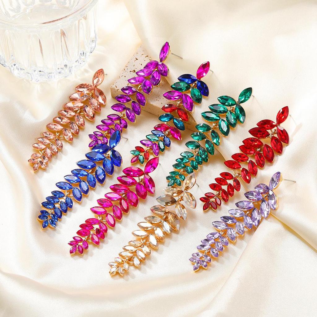 Colorful Diamond Flower Earrings for Women, Bold European Style Long Leaf Design, Perfect for Banquets