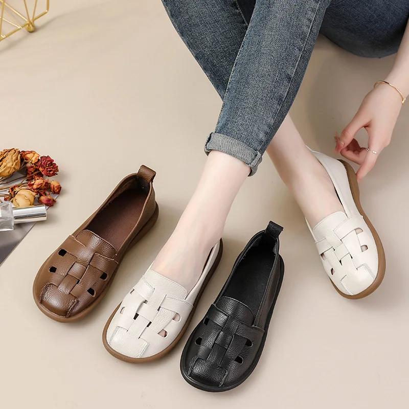 Модные туфли из коровьей кожи в стиле ретро Omen's Shoes, плетеные полые кожаные туфли, женские сандалии на плоской подошве, летние дышащие туфли для мам, удобная мягкая подошва