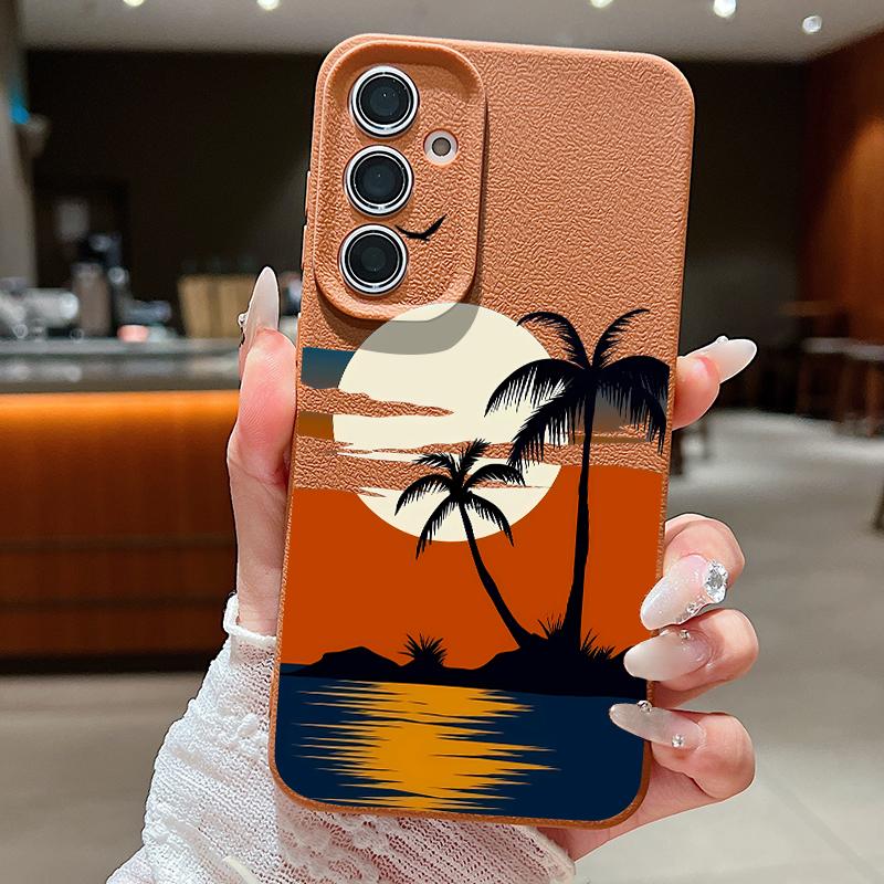 Креативный чехол с принтом «Кокосовый закат» для Samsung S26 S25 S24 Ultra S23 S22 S21 FE A15 A16 A17 A35 A36 A37 A54 A55 A56 A57 5G Кожаная текстура