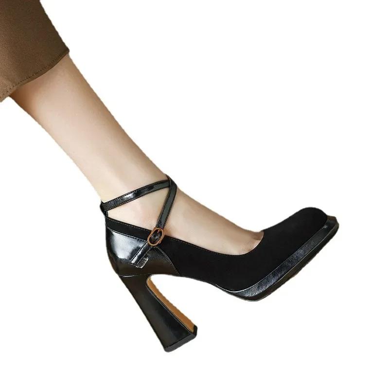 Модные женские туфли-лодочки в стиле ретро Spuare Toe на толстой платформе с перекрещивающимися ремешками, туфли на высоком каблуке с пряжкой Mary Jane