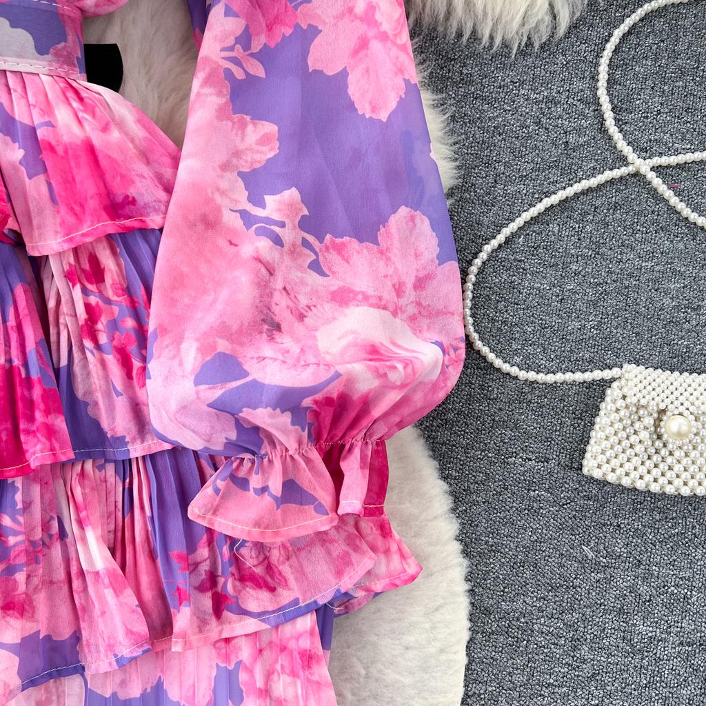 Новое осеннее элегантное женское платье с круглым вырезом и принтом в стиле пэчворк, складками и оборками, с длинными рукавами и высокой талией