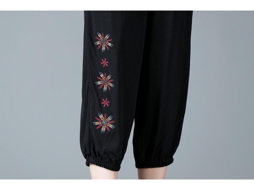 Летние вышитые хлопково-льняные брюки для мамы - Дышащие, повседневного кроя для женщин