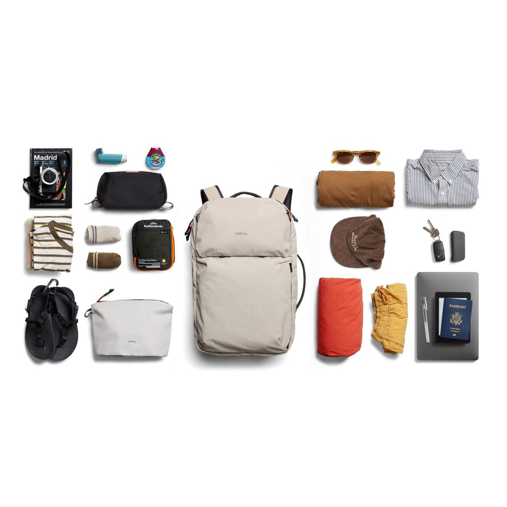Bellroy Lite Travel Pack 38L Carry-On Backpack with Laptop Pocket, Mesh Divider, and Retractable Shoulder Strap - Ash