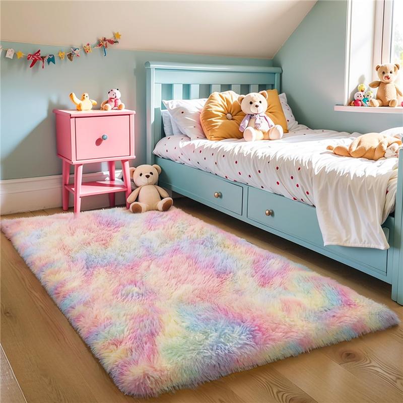 Rainbow Fluffy Shag Area Rug for Bedroom Ultra Soft Fuzzy Plush Washable Carpet Modern Cozy Non Skid Furry Shaggy Rug for Kids Baby Boys