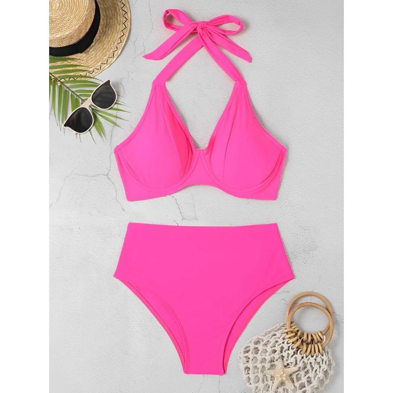 2025 Push Up Halter String Solid Two Piece Bikini Women Swimwear Female Swimsuit Bathers Bathing Swimming Suit Beachwear Summer