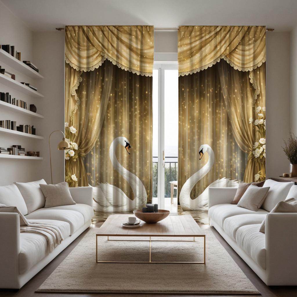 2 Pieces HD Digital Yellow Color Swan Love Curtains Home Decorating Style Decorating Living Room Bedroom Rodding Curtain Effect