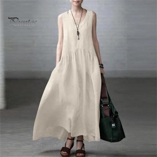 Женское летнее хлопковое льняное платье макси, повседневное платье-майка без рукавов с V-образным вырезом, струящийся пляжный плиссированный сарафан