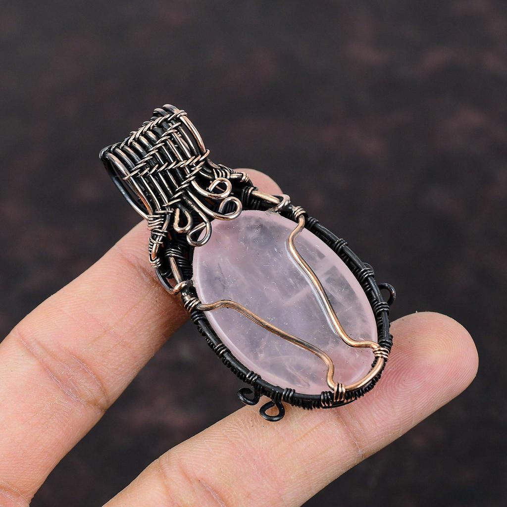 Кулон из розового кварца, обмотанный медной проволокой, Медный кулон, Украшения ручной работы, Кулон из обмотанного проволокой драгоценного камня, Кулон для женщин, Подарок для мамы