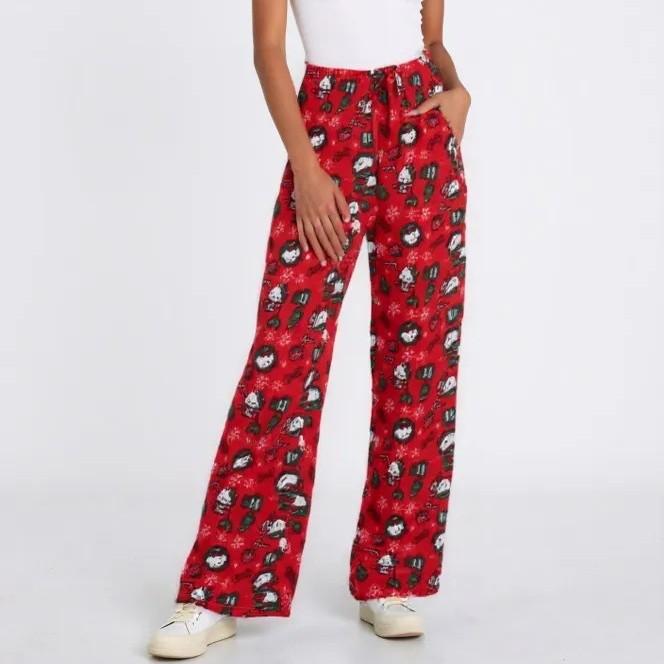 Cartoon Cat Flannel Pajama Pants Women Winter Coral Fleece Thick Warm Lounge Home Pants