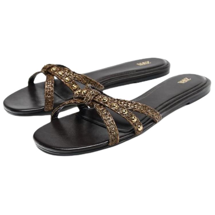 Zara Slip-On Open-Toe Studded Flat Anti-Rubbing Slide Sandals Women Sandals Black 3604510700