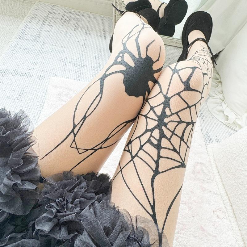 Hot-Selling Spider Web Print Stockings Tattoo Thin Black Silk Pantyhose Halloween Cos Leggings